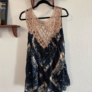 Free People Boho Crochet Romper - Navy Blue and Tan